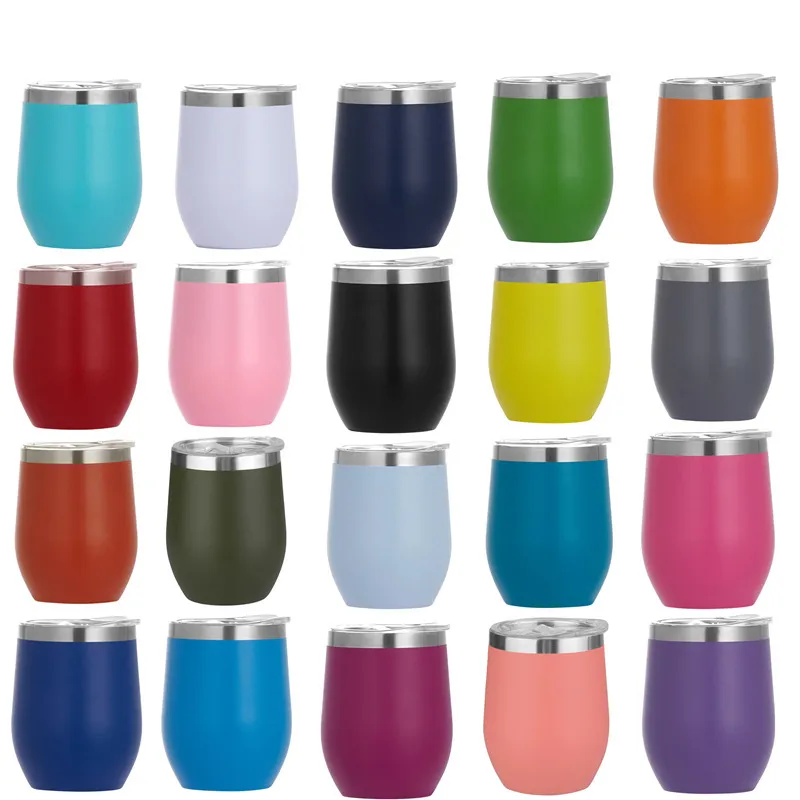 12 oz multicolores bricolage oeuf verres à vin tasses en acier inoxydable double couche isolation café puissance gobelets verre à vin rouge avec couvercle scellé