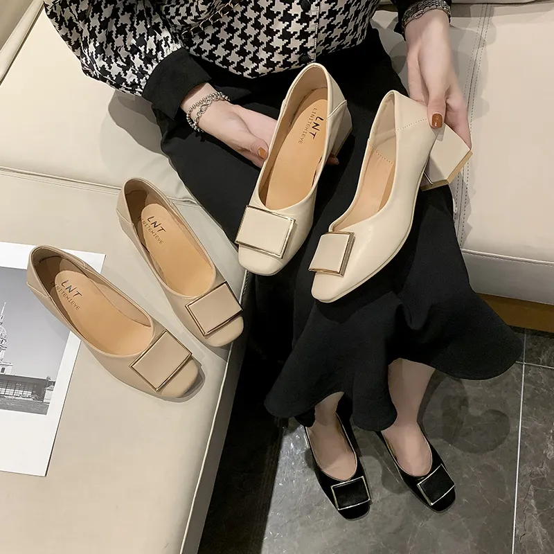 Vrouwen pompen vierkante gesp boot schoenen metalen slip op schoen voor vrouwelijke jurk kantoor dame