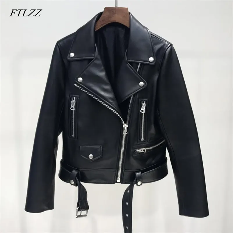 Ftlzz Nowe Jesienne Kobiety PU Skórzana Kurtka Kobieta Zipper Pas Krótki Płaszcz Kobieta Czarny Punk Bomber Faux Leather Znosić LJ200825