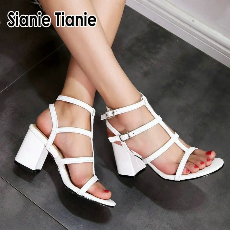Sianie Tianie 2020 été blanc bleu bout ouvert bloc talons hauts T-strap filles chaussures de mariage femmes sandales gladiateur grande taille 46 1010