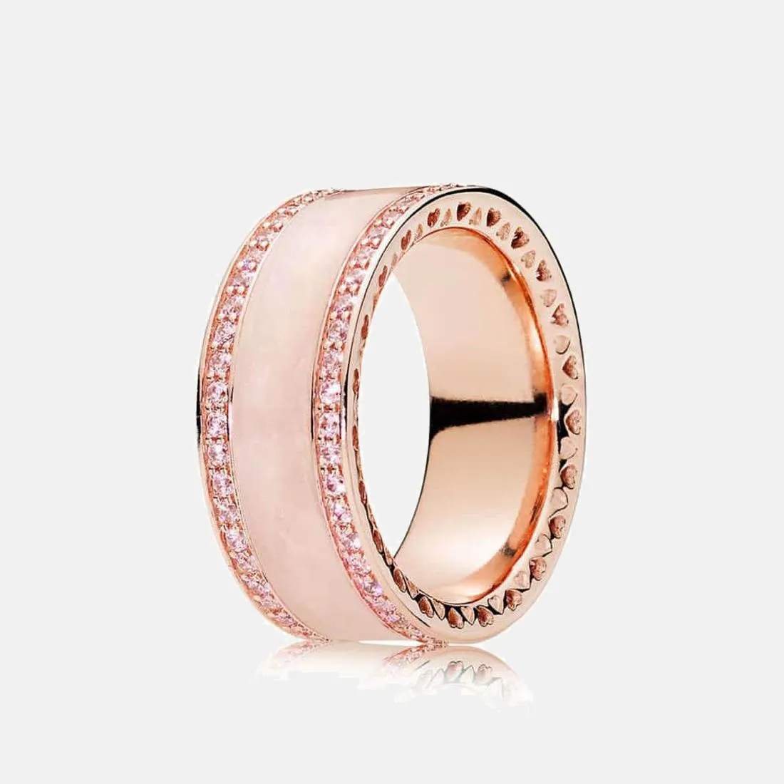 Feiner Schmuck, authentischer Ring aus 925er-Sterlingsilber, passend für Pandora Charm, Pave-Emaille-Roségold-Herzringe für Frauen, Verlobung, DIY-Eheringe