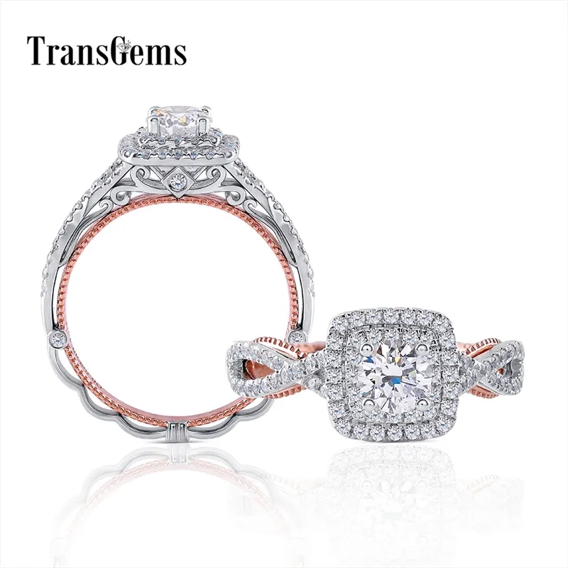 TransGems Solide 14K 585 Blanc et Or Rose Centre Rond 0.5ct 5mm F Couleur Moissanite Bague de Fiançailles avec Halo pour Femmes Y200620