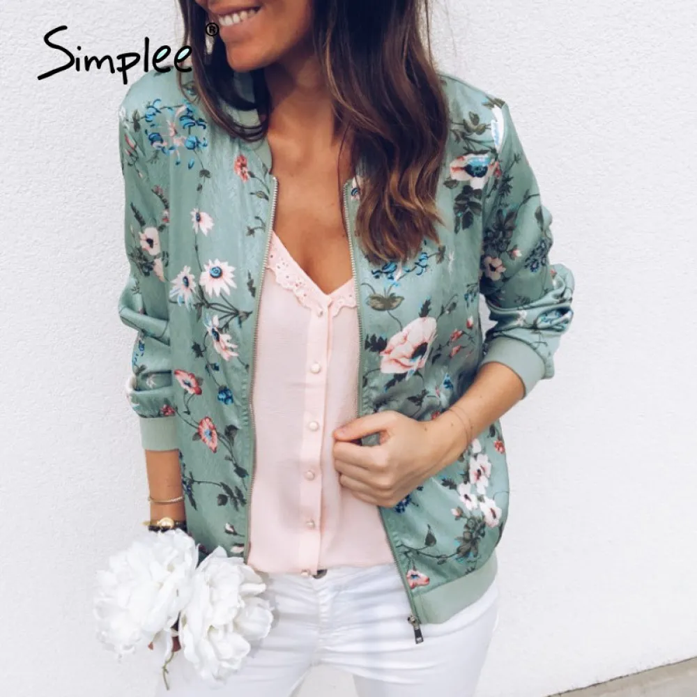 Simplee Casual Retro Floral Printed Jacket Mantel Frauen V-Ausschnitt Zipper Bomberjacke Mode Straße Stil Langarm Herbstjacke 201026