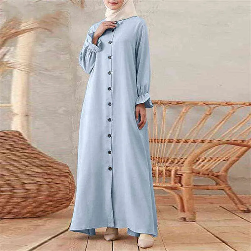 Plus Size Moslim Jurken Dames Lente Flare Mouw Revers Shirt Jurk Lange Mouw Abaya Dubai Turkije Femme Robe Islam Ramadan Y220214