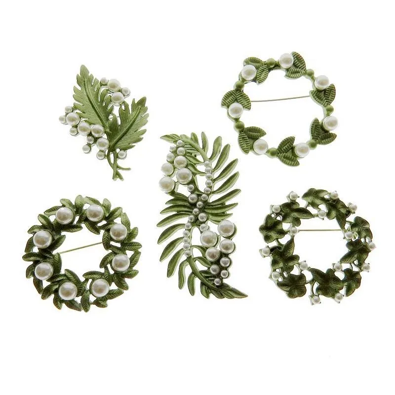ピン、ブローチエレガントなレトロな緑の植物の葉の金属ピンブローチパール花の襟の女性アクセサリージュエリー