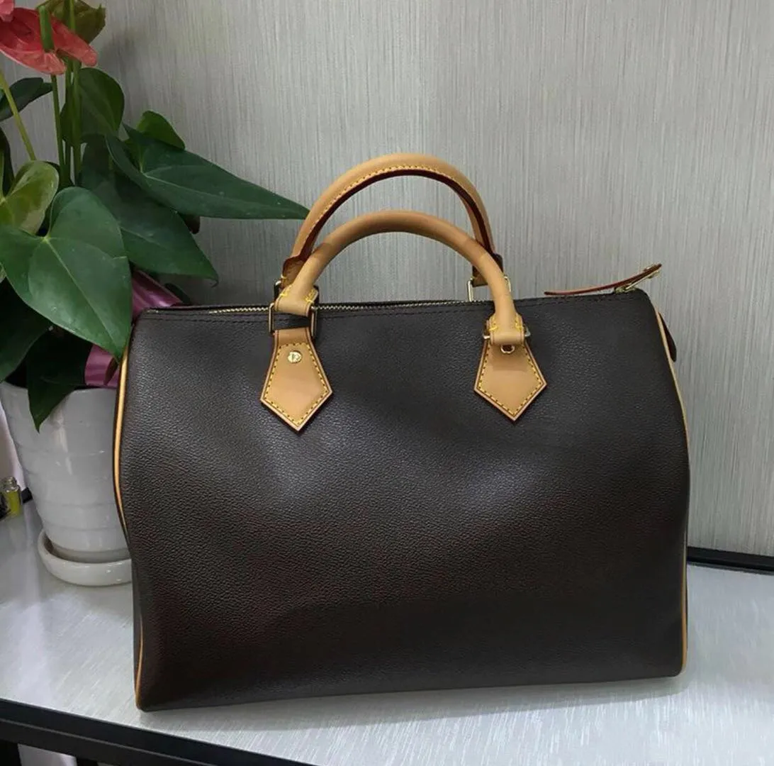 Speedy Classic Hand bag Natural Barrel Shaped Cowhide Leather Trim Textile Lining Gold Hardware 2 Handles Women Boston Shoulder bags