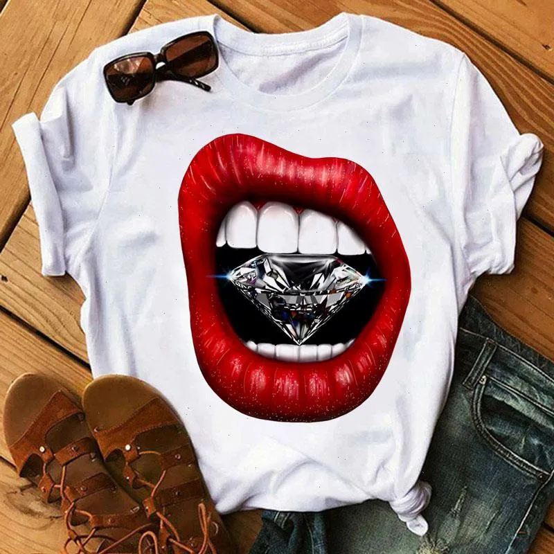 Diamante na boca vermelha Imprimir Camiseta Mulheres Manga Curta Tops Gráfico Camisetas Fashion T-shirt das senhoras
