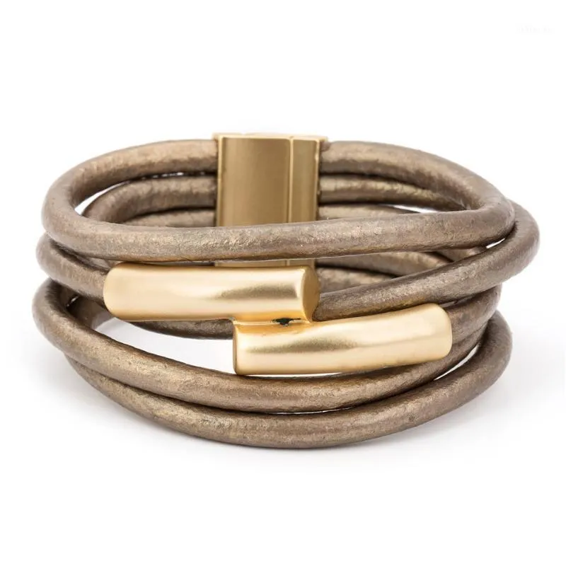 Multilayer guldfärgmagnet Grå PU Rope Wrap Bracelet Bileklik Pulseira Feminina Armband för kvinnor Armband1