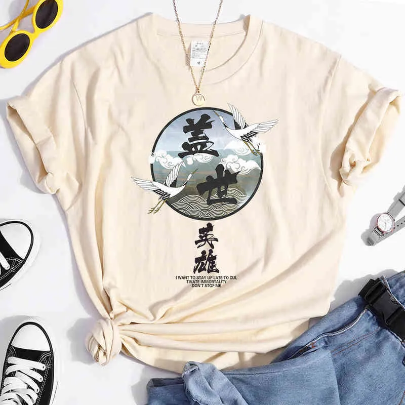 Kran japansk stil kvinnor t-shirt sommar mode toppar kinesiska bokstäver tee shirts anime slim topp klassiker lös kvinnlig t-shirts g220228