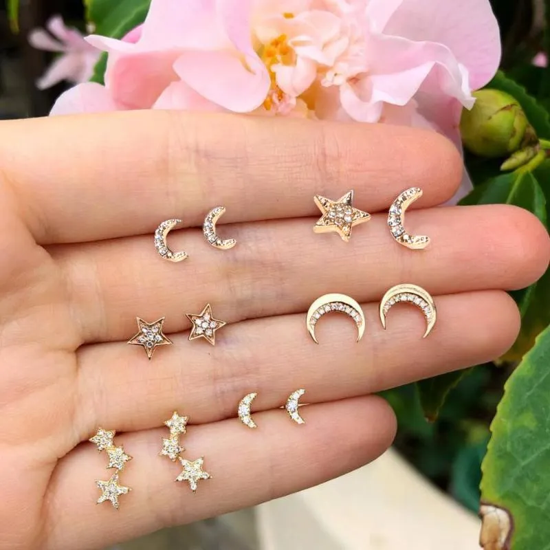 Stud 12Pcs/Set Exquisite Star Moon Crystal Gold Earrings Fashion Women Birthday Party Jewelry Gift Female Earring Set