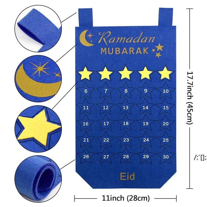 Calendrier de l'Aïd Calendrier du compte à rebours du Ramadan avec 30 étoiles réutilisables pour enfants Fournitures de décoration de fête musulmane RRD13147