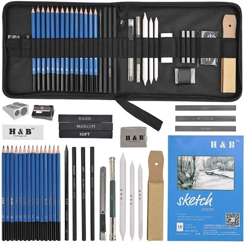 35st Ritning Pennor Konstnärer Sketching Pencils Art Set med Sketch Paper Zipper Case Innehåller Grafit Pastellvagn Pencils 201223