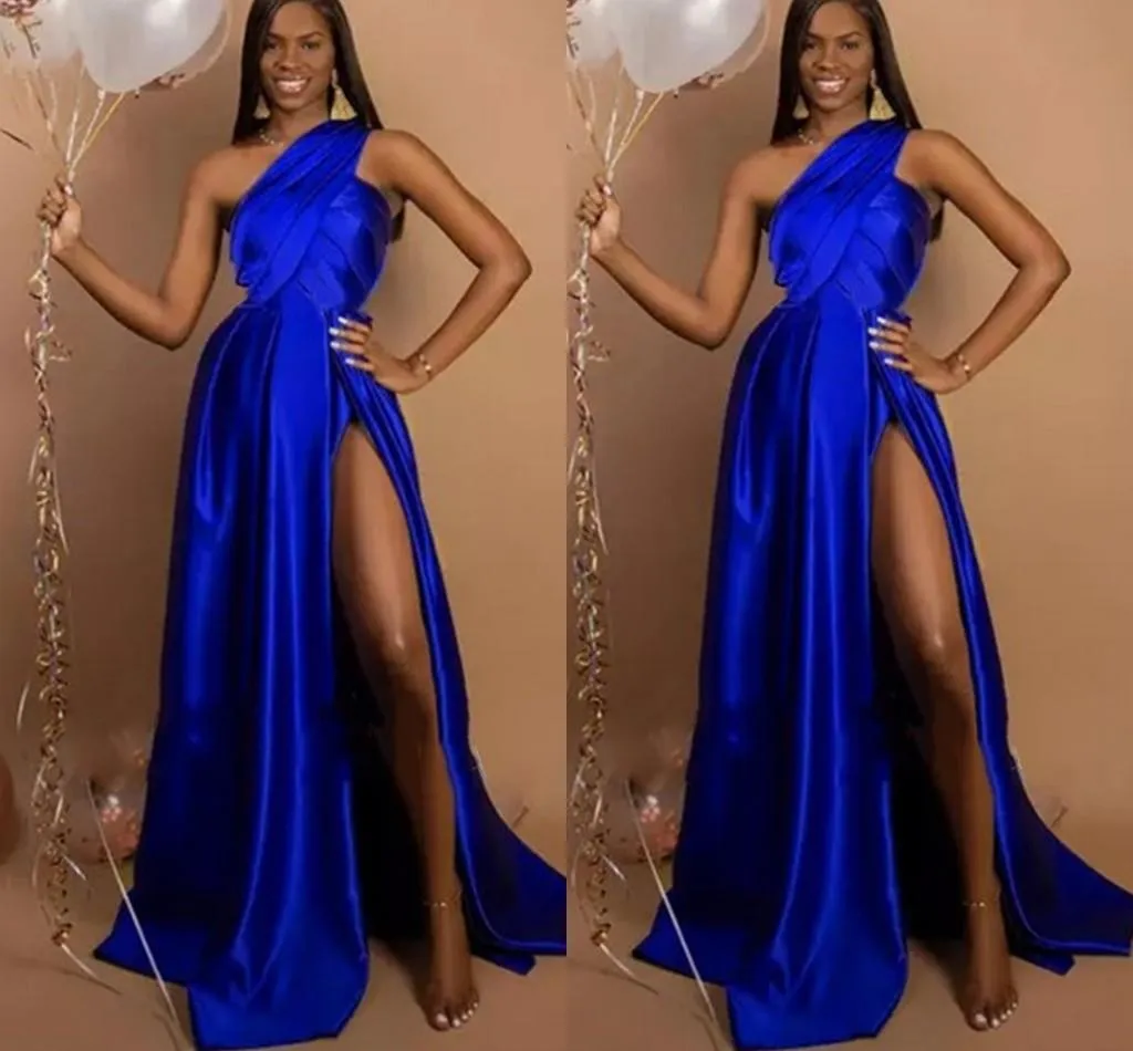 Satin Royal Sexy Blue Evening One épaule High Side Split Robe de bal Forme Robe de fête de fête sur mesure Vestidos de Noche Robe Soberee