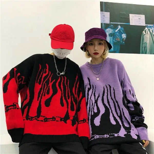 Homens Mulheres Sweater 2020FW Harajuku Chama malha Hoodies solto camisola de manga longa Contraste Cor Japão Estilo Streetwear pulôver
