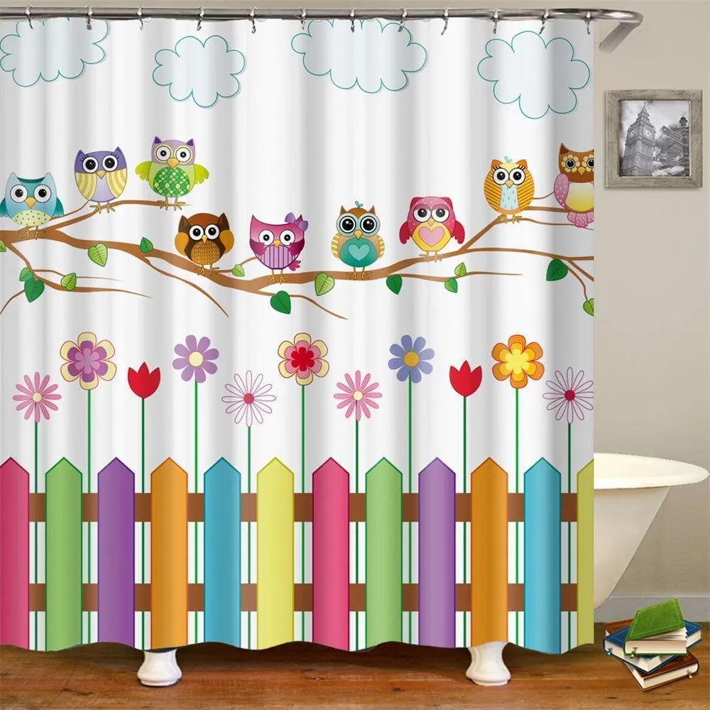 Kids Cartoon Shower Curtain Set Home Decor Owls On A Branch Art ...