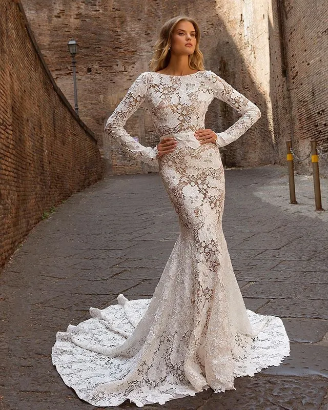 long sleeve beaded lace wedding dress Long-Sleeves Deep V-Neck Tulle A-Line Wedding Dress Beaded Lace Applique  Pleated Bride Gowns main image 1