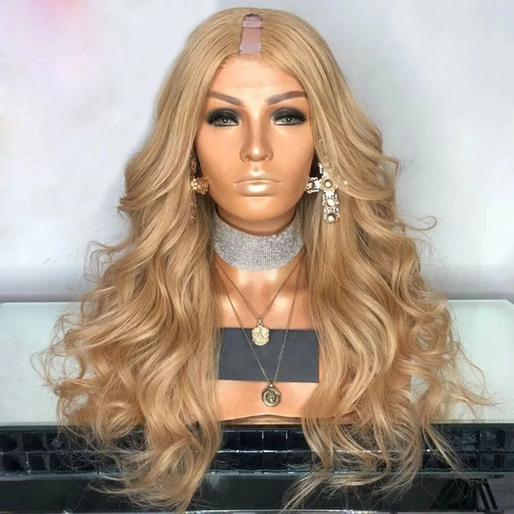 Honey Blonde Glueless Natural Hair Full Machine Body Wave Middle U Part Wig 100% Perruques de cheveux humains avec sangles Peignes 250 Densité