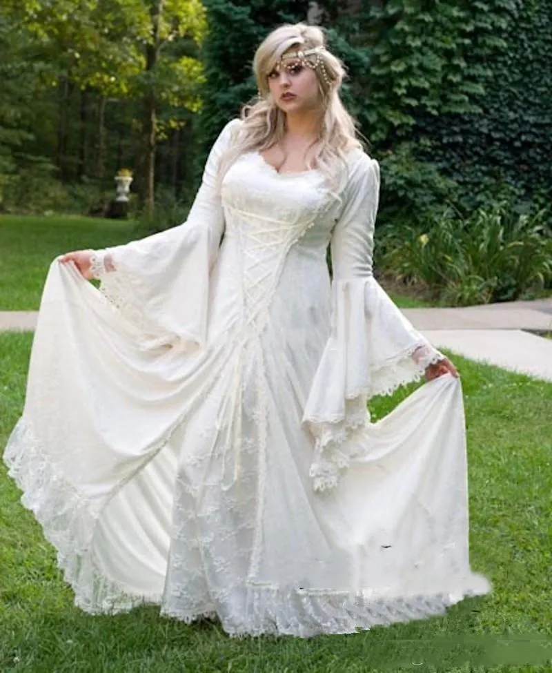 Vintage Fairy Lace Wedding Dresses A Line FlareLong Sleeve Ivory Gothic  Corset | eBay