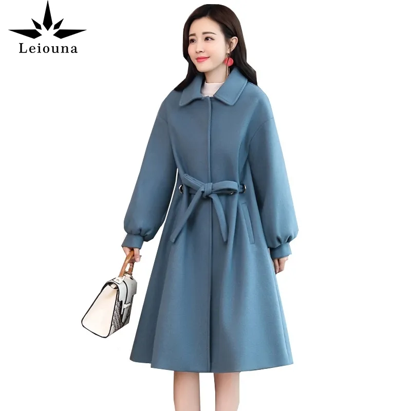 Leiouna longo sólido slim casual outerwear feminino médio coreano outono inverno mulheres casaco de lã moda bombardeiro casacos quentes 201030