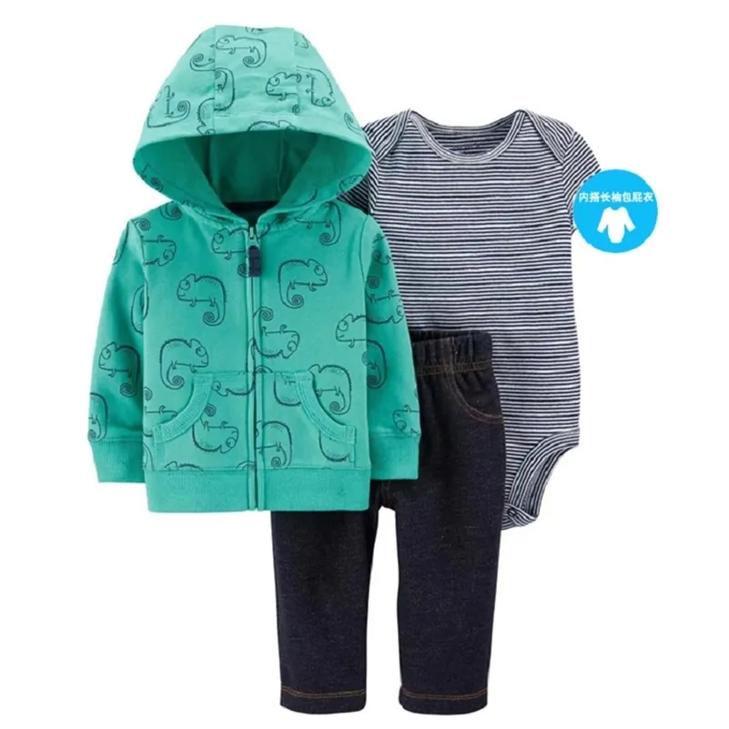 Babyjongen kleding set cartoon lange mouw jas + bodysuit + broek 2021 lente pasgeboren meisje outfit pasgeboren kostuum rits katoen LJ201221