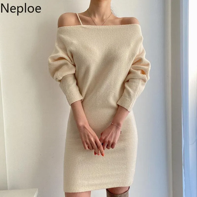 Casual jurken nepoel sexy vrouw jurk chique temperament robe slash nek off schouder gebreide vestidos de mujer slim fit bodycon mini