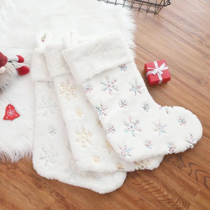 Snowflakes Embroidered White Plush Christmas Stockings Gifts Bag Hanging Loops Xmas Tree Fireplace Candy Socks1