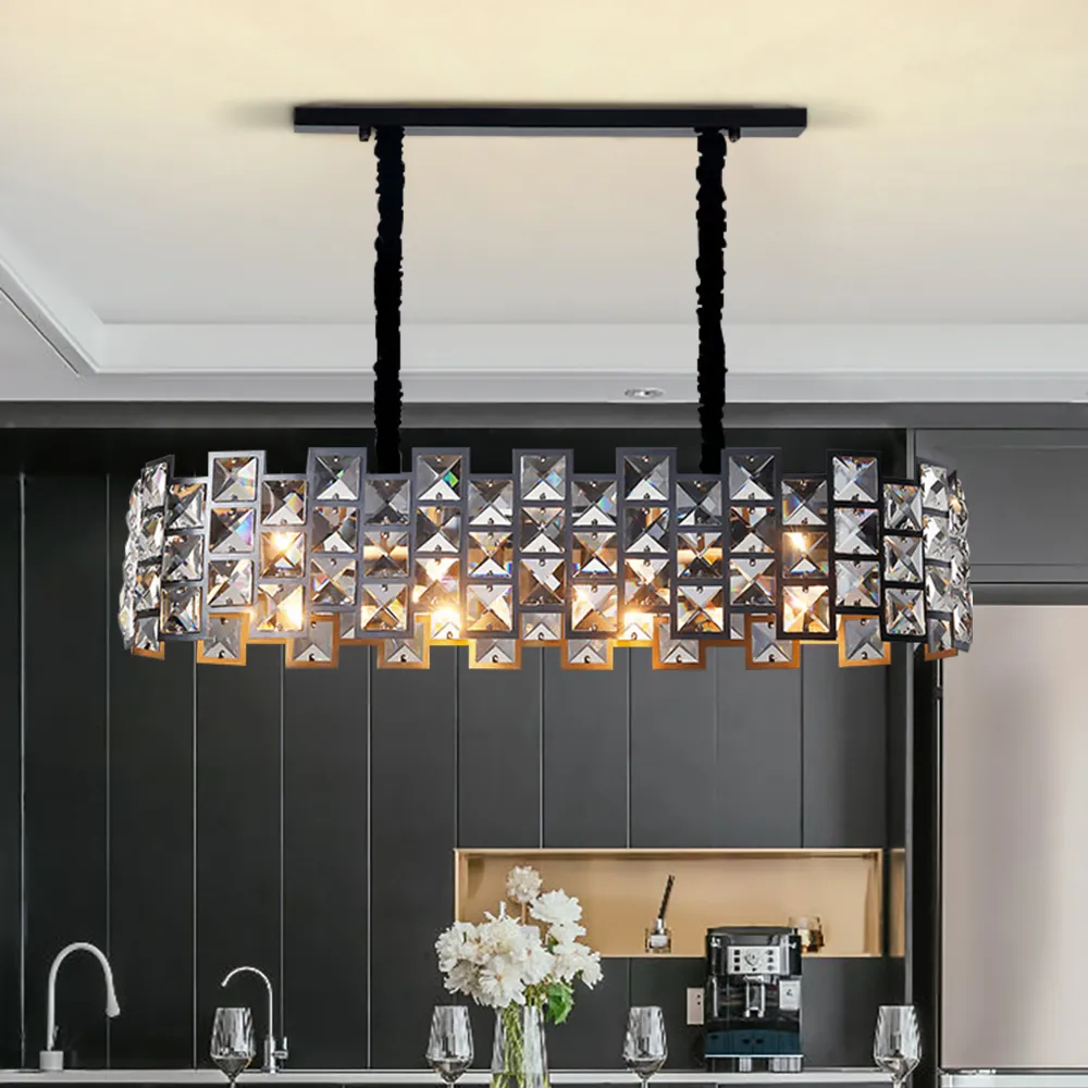 Lustre de salle à manger éclairage rectangle moderne cristal luminaires îlot de cuisine de luxe chaîne noire lustres LED