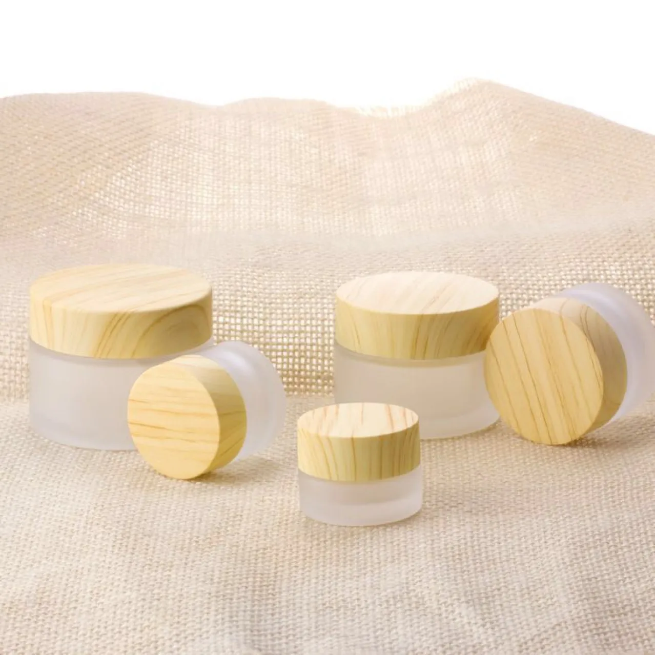 Frosted Glass Jar Cream Bottles Round Cosmetic Jars Hand Face Packing Bottles 5g 10g 15g 30g 50g Jars With Wood grain Cover in plastic