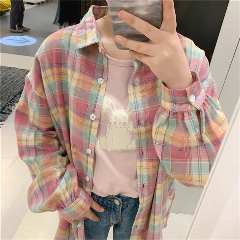 Loose Lantern Sleeve Rainbow Plaid Shirt Women s Summer Shirts Kawaii Ulzzang Lovely Female Sweet Haruku Cute Top For Women T200321 B3