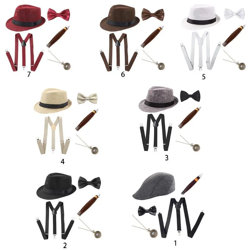 1920-е годы Mens Косплей Gangster костюм аксессуары Set Manhattan Hat Подтяжки Pre-Tied Bow Tie Поддельные пластиковые сигары карманные часы 201027