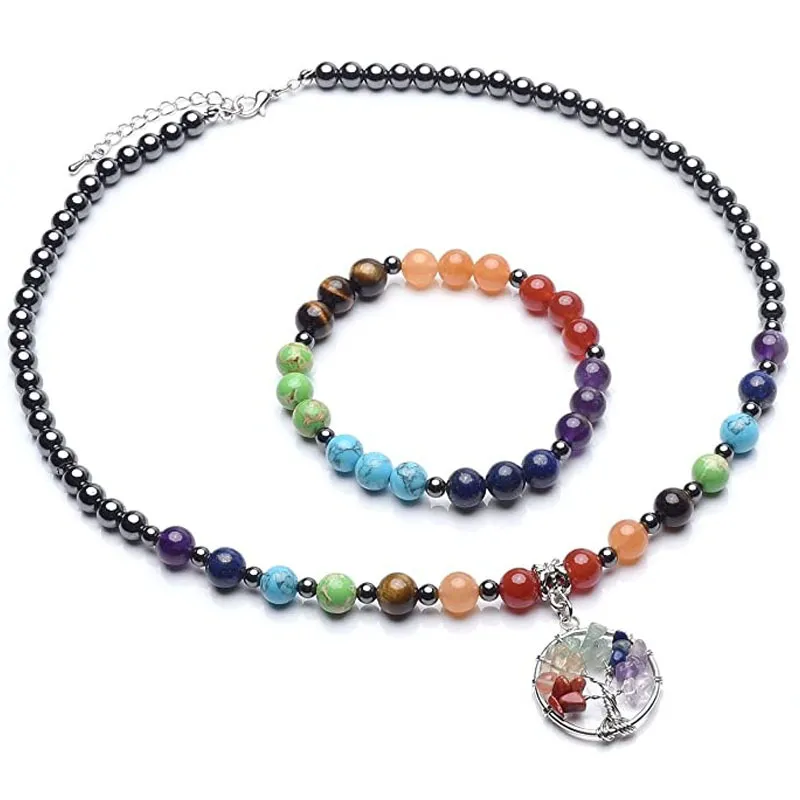 JLN Seven Chakra Hematite Jewelry Set Healing Stone Stretch Bracelet Hematite Beaded Chip stone Life Tree Charm With Lobster Clasp Necklace For Girls And Women