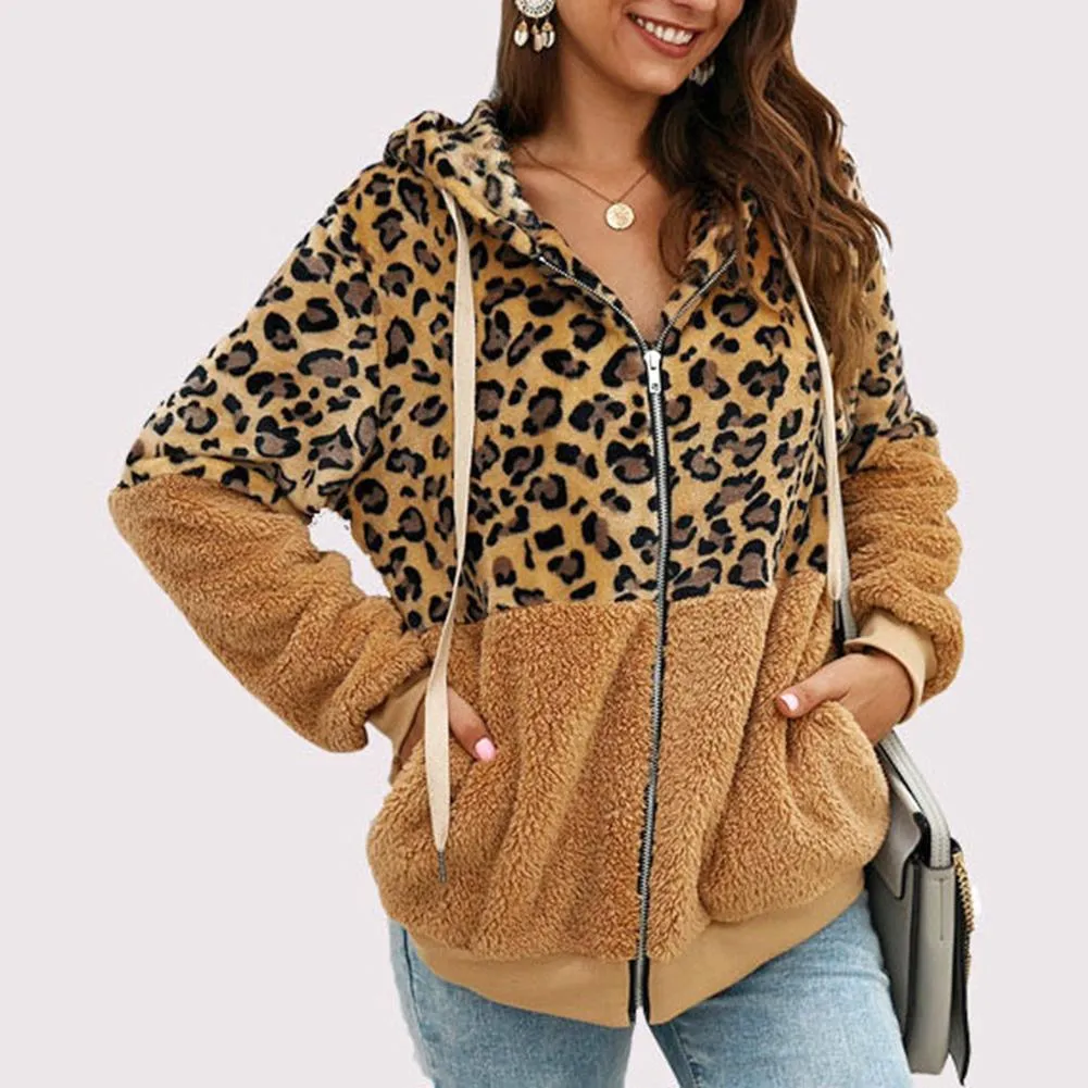 Block Patchwork Jacket Zip Hooded Outwear Coat Veste Manteau Femme Kvinnor Höst Vinter Jackor Leopard Skriv ut Gratis frakt T200111