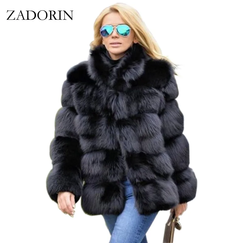 ZADORIN Moda Abrigo de invierno Mujeres Lujo Faux Fox Fur Coat Plus Tamaño Mujeres Stand Cuello de piel Manga larga Chaqueta de piel sintética Fourrure 201110