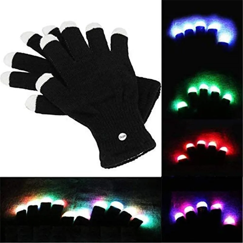 Iluminação noturna Luvas de LED Luzes dos dedos Pontas dos dedos piscando 3 cores 7 modos Preto Rave Traje de Halloween Favores de festa Brinquedos iluminados Novidade