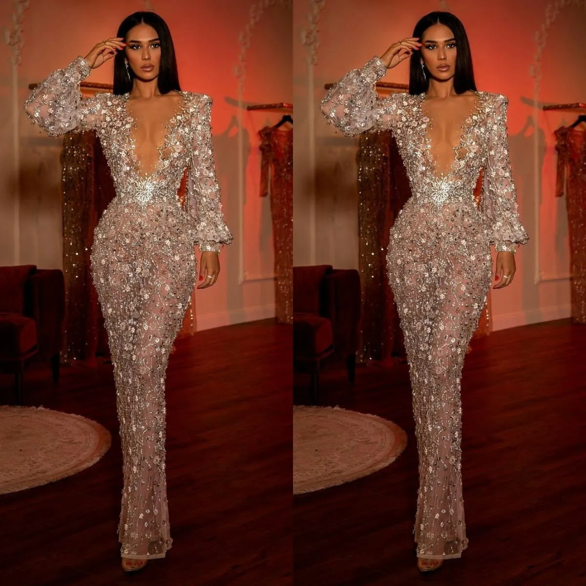 Luxurious Beaded Evening Dresses Long Sleeves Deep V Neck Mermaid Prom Dress See Through Sexy Party Second Reception Gowns