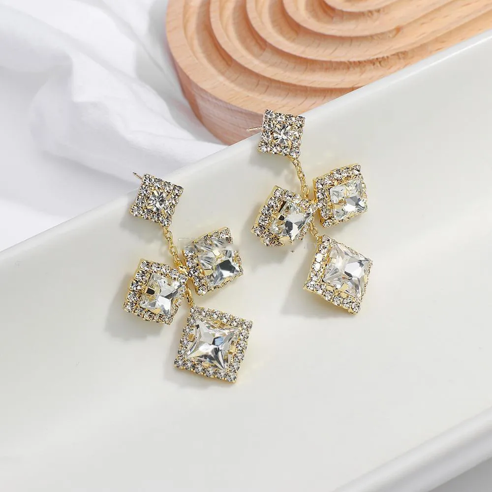 Dominated Exaggerated Fashion Full Crystal Geometric Earrings Shiny Big Gem Long Women Drop Earrings Jewelry Gift Female