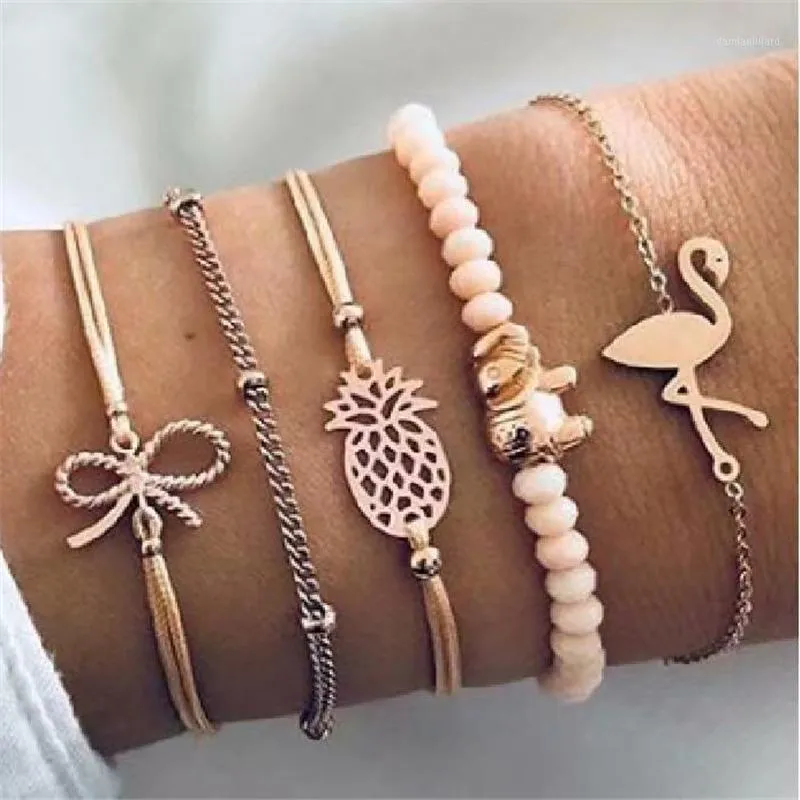 Link, Chain Lucky Flamingo Elephant Pineapple Bow Bowknot Bracelet Set Women Boho Bead Tassel Jewelry Gift1