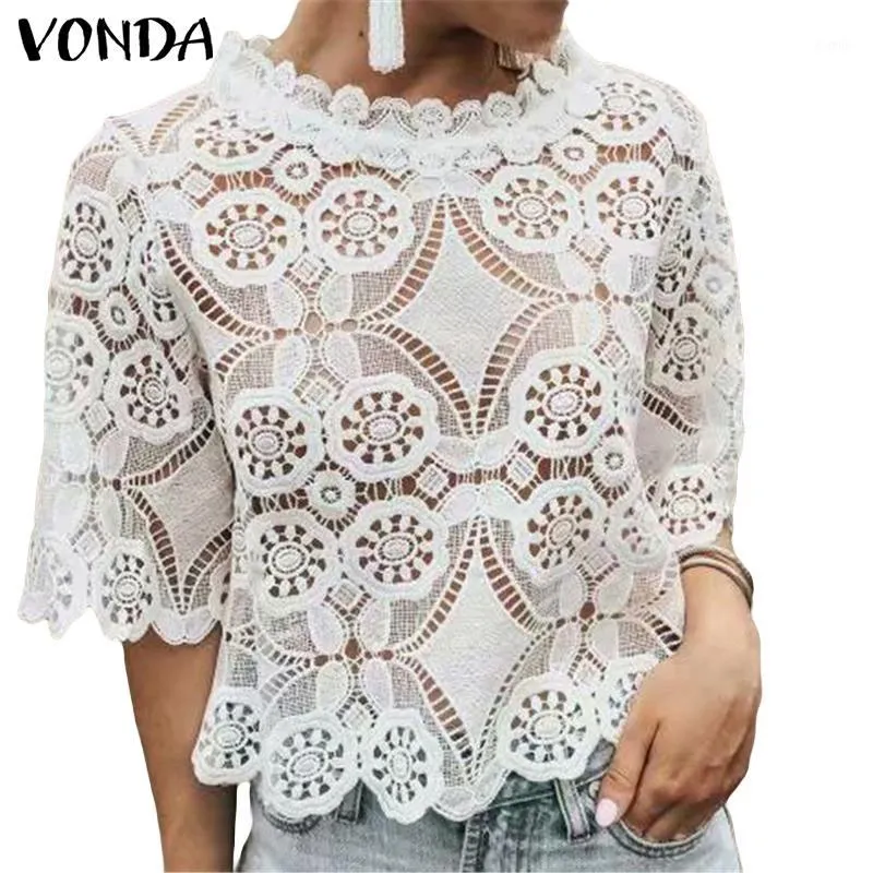 Kvinnors blusar skjortor Vonda Short Sleeve Women 2021 Elegant Bohemian Sexig o-hals Hollow Out Lace Solid Tops Casual Office Ladies Shirt1