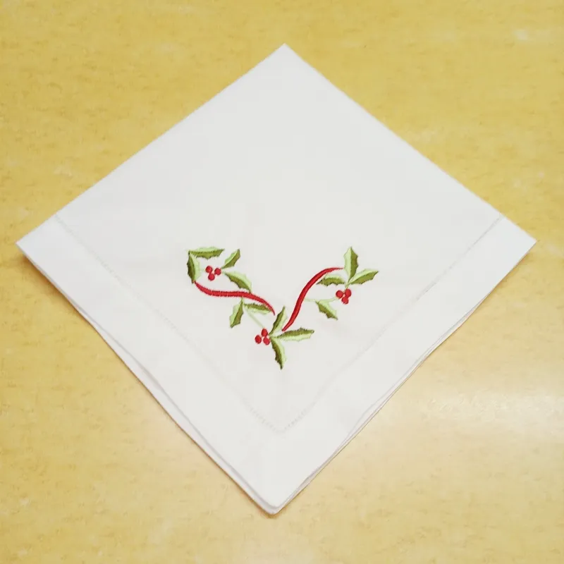 Set of 12 Home Textiles Christmas Dinner Napkins White Hemstitched 100% linen Fabric Table Napkin with Color Embroidered Floral Te3313