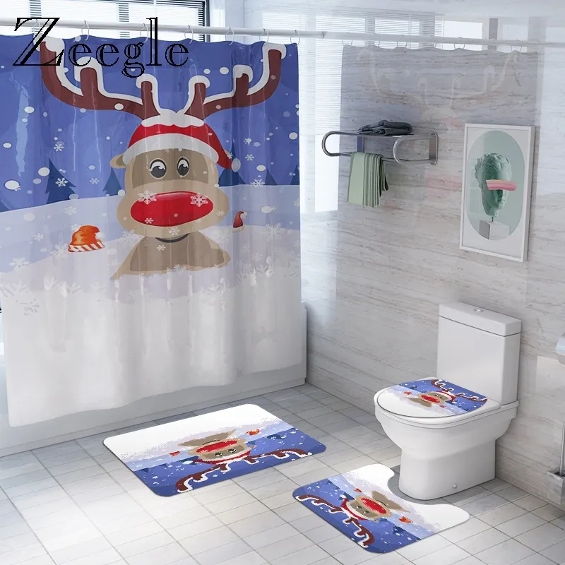 Zeegle Bath Mat and Shower Curtain Set Christmas Mat for Toilet Decoration Pedestal Rug Lide Toilet Cover Anti-slip Shower Mat