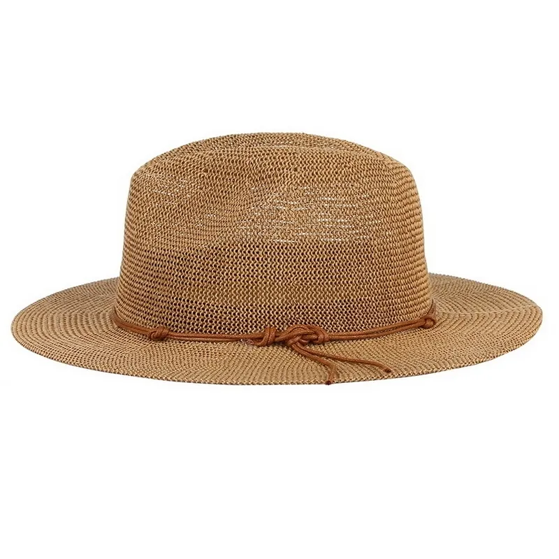 GEMVIE Nouvel Été Panama Chapeaux Évider Paille Pour Hommes Femmes Ruban En Cuir Large Bord Soleil Chapeau De Plage Jazz Cap Fedora Y200602