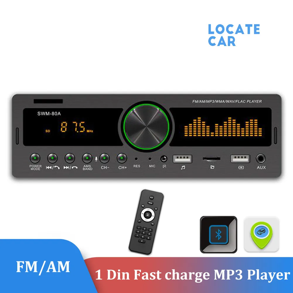 Autoradio stéréo intégré au tableau de bord, Assistant vocal numérique, Bluetooth, Audio, musique, USB/SD/AUX-IN/AM/FM, lecteur MP3, charge rapide, 1din