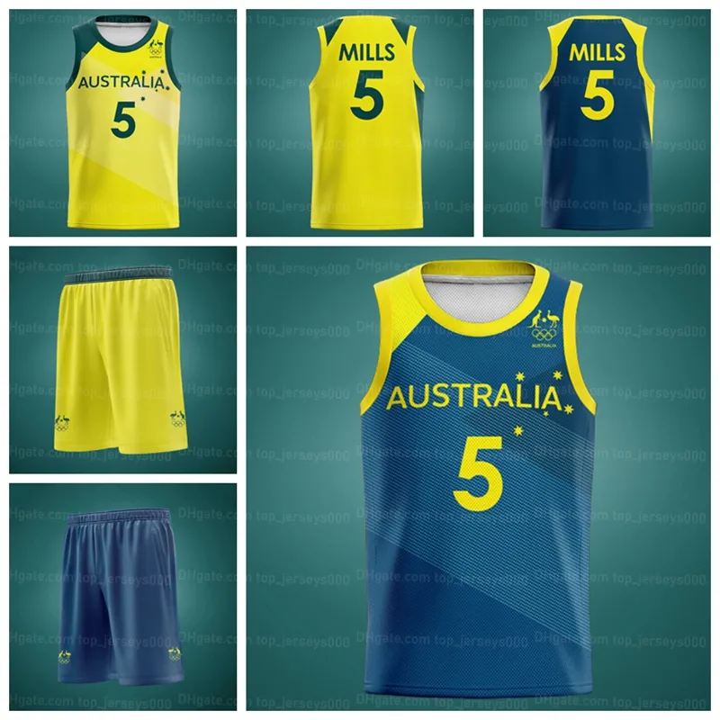 Benutzerdefinierte Patty Mills 5# australisches Basketball-Trikot, bedruckt, blau, gelb, Größe S-4XL 5XL 6XL, Shorts-Trikots mit beliebigen Namen und Nummern