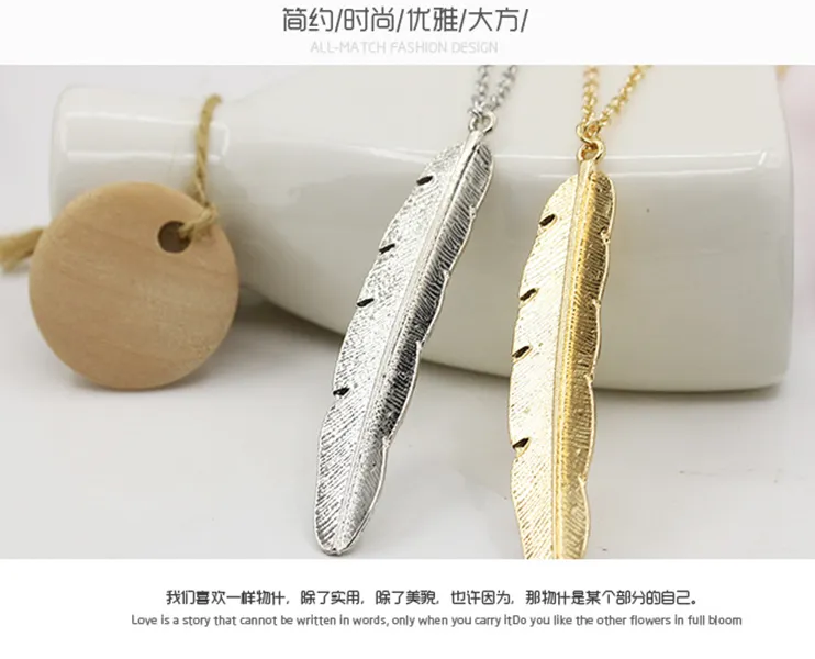 Feather Pendant Necklace Long Chain Necklace