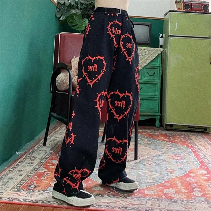 vintage streetwear handsome dark love printing loose boyfriend casual straight pants female trousers harajuku sweatpants 220211