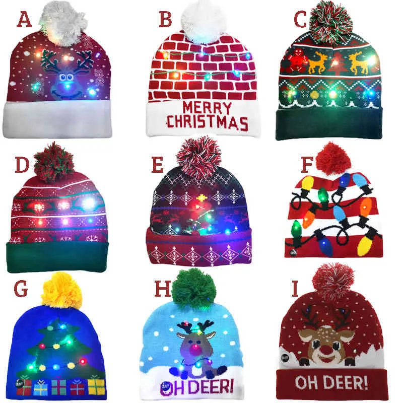 on 2022 New Year Led Knitted Christmas Hat Beanie Light Up Illuminate Warm for Kids Adults Decor
