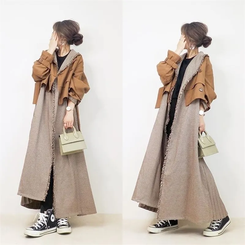 النساء المتناثرة منتصف طول خندق معطف اليابان كوريا نمط فضفاض أنيقة العصرية الأزياء عارضة ربيع الخريف الإناث وهمية اثنين المعطف 201029