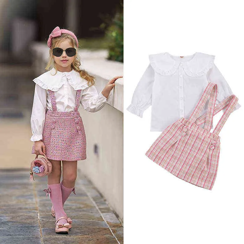 FOCUSNORM Automne Princesse Enfants Bébé Filles Vêtements Ensembles 2 pcs Peter Pan Col Simple Poitrine Tops Plaid Imprimer Bib Strap Dress G220310