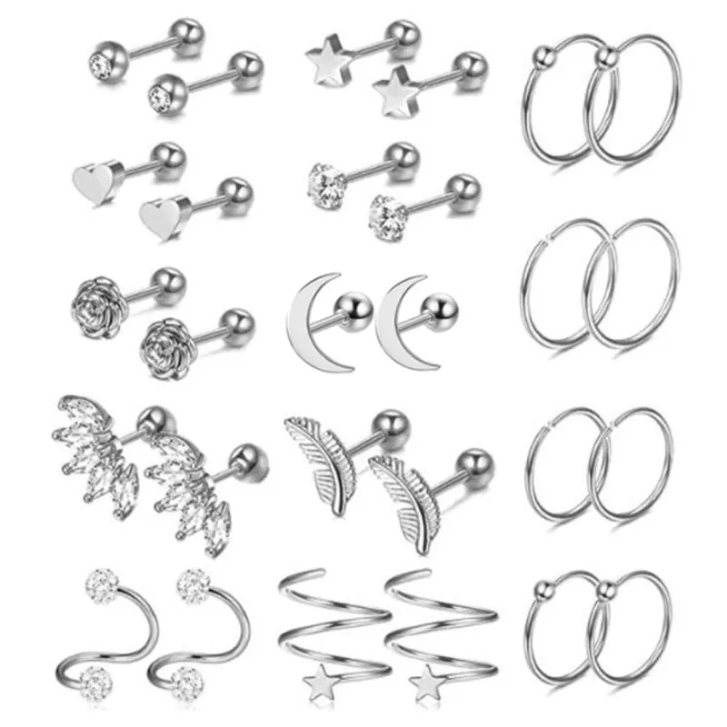 Juego de 28 PCS 16G Acero inoxidable Ear Barbell Helix Tragus Cartilage Earring Set Body Piercing Jewelry para hombres y mujeres