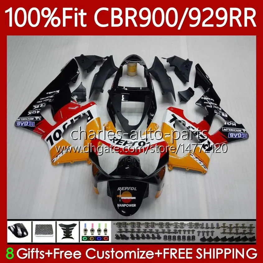 Spritzgusskörper für HONDA CBR900 CBR929 CBR 929RR 900RR 900 929 RR CC 00 01 Karosserie 68No.0 900CC 929CC CBR929RR 00-01 CBR900RR 2000 2001 OEM-Verkleidung Repsol Orange